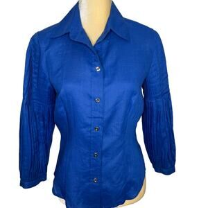 Carlisle Blue Ramie Blouse Top w/ Pleated Sleeves EUC Size 4